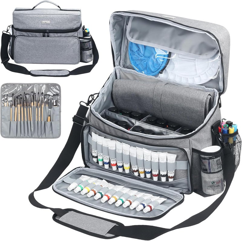 POCDUORG Store Acrylic Paint and Brush Set Organizer Bag - Carrying Case Compatible with Apple Barrel, Shuttle Art, Caliart Art Supplies - Includes Detachable Paint Brush Holder - for Home/Travel/Outdoor (Pro Gray) - Image 1